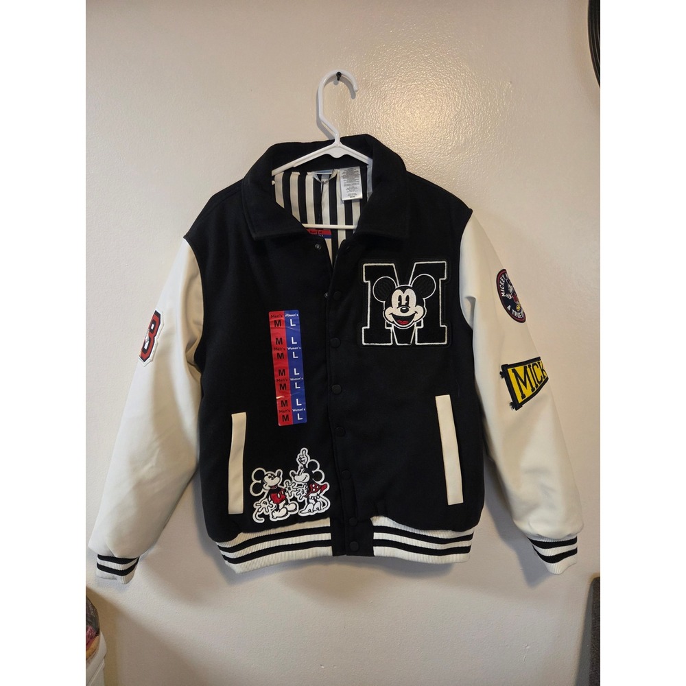 Disney Mickey and Friends Varsity Jacket Black White Patch Letterman Mens M L